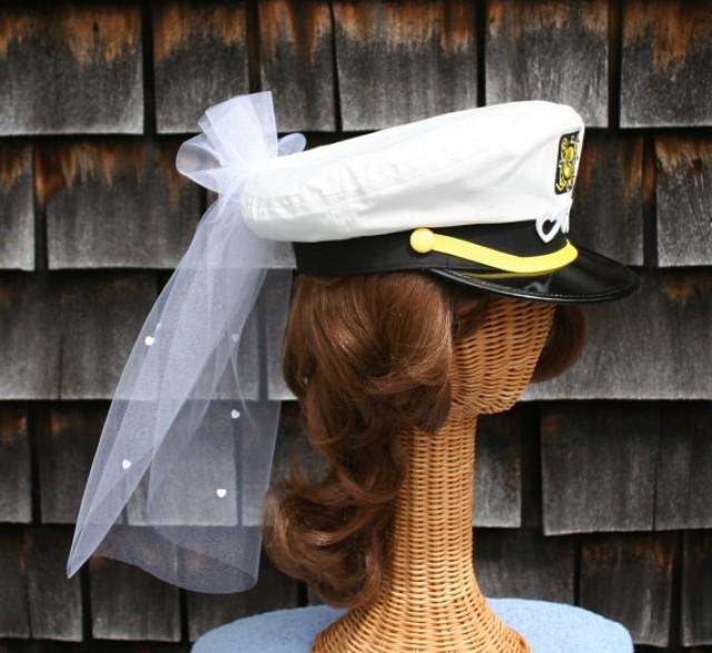 Bridal CAPTAIN'S Hat With Veil Trimmed With HEARTS Perfect For