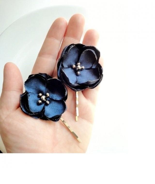 Satin Navy Flower Hair Pins, Navy Wedding Small Hair Flowers