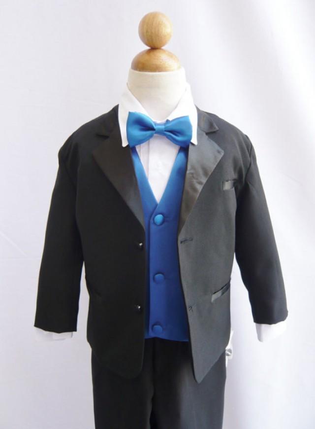Formal Boy Tuxedo Black With Blue Royal Vest For Toddler Baby Ring Bearer Easter Communion Bow
