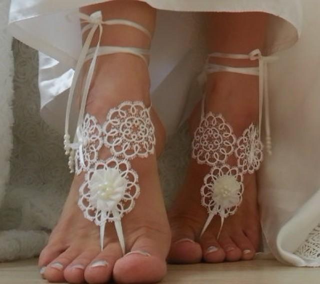 Beach Wedding Barefoot Sandals Free Ship Embroidered Sandals Ivory