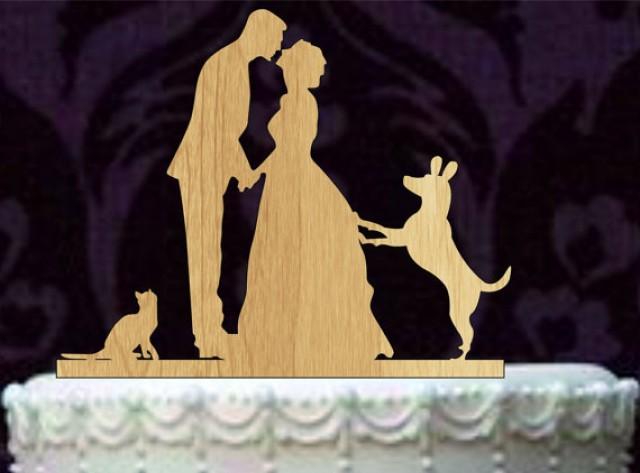 Bride And Groom Silhouette Wedding Cake Topper With Cat And Dog