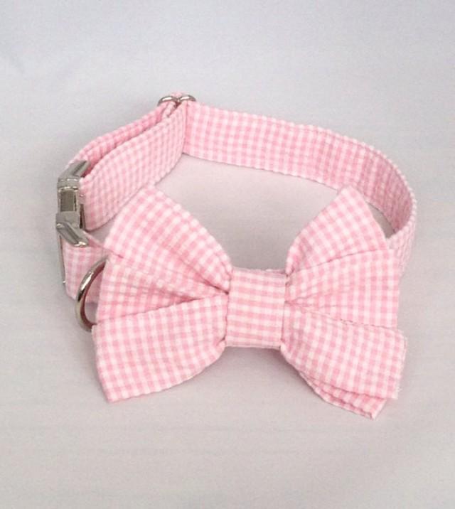 Preppy Pink Gingham Girl Bow Tie Dog Collar, Check Girl Bowtie Dog
