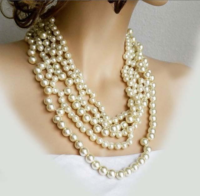 Chunky Statement Pearl Necklace Wedding Necklace Bridal Necklace Multi Strand Pearl Necklace 9706