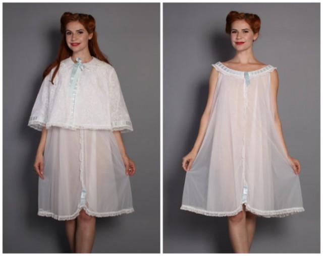 60s Nightgown & Bed Jacket SET / NOS With Tags, White Chiffon, M