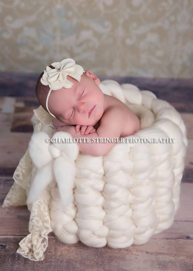 Ivory Cream Suede Bow Rhinestone Ruffled Headband Hair Bow Girls