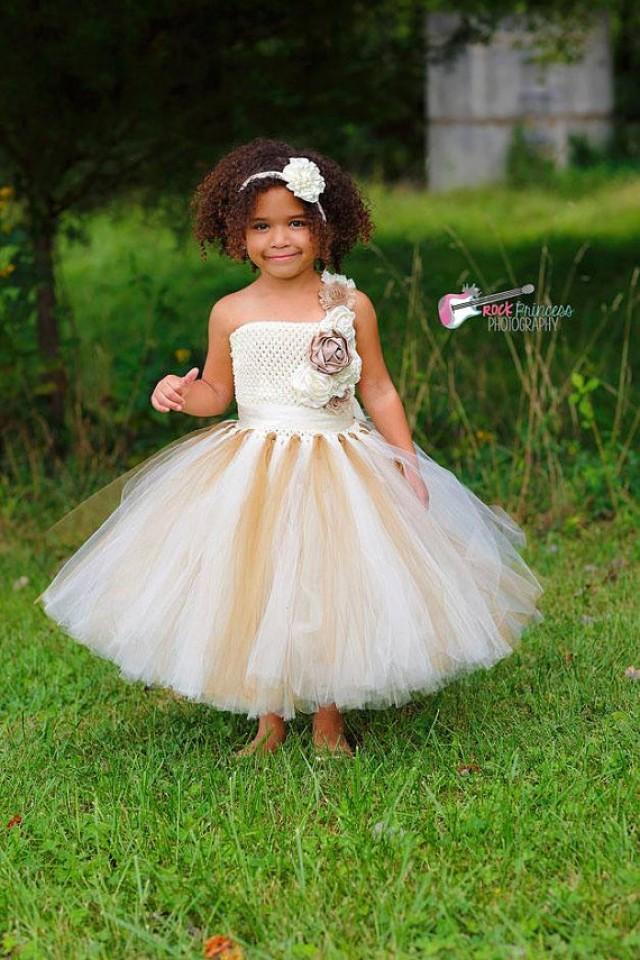 Ivory, Gold, Champagne Flower Girl Dress, Ivory Flower Girl Tutu Dress