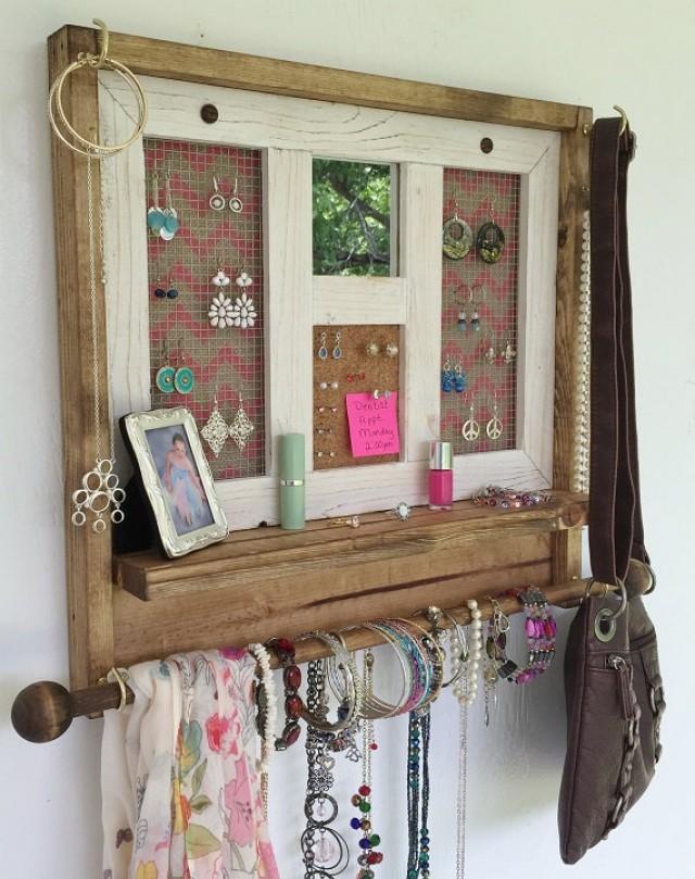 Rustic Jewelry Organizer, Pink Chevron, Mirrored Jewelry Organizer