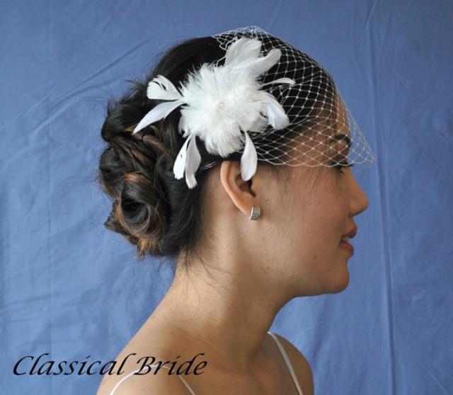 Bandeau 900 Veil Set W Pearl Feather Flower Fascinator Hair Clip And Ivory Or White Birdcage