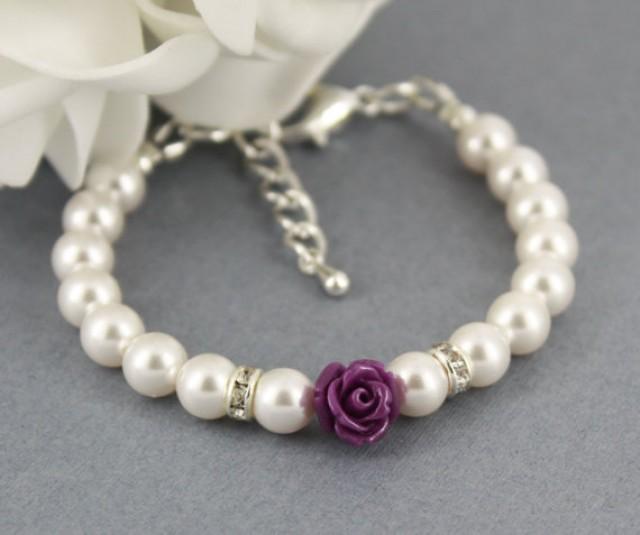 Flower Girl Bracelet, White Pearl And Flower Bracelet, Swarovski