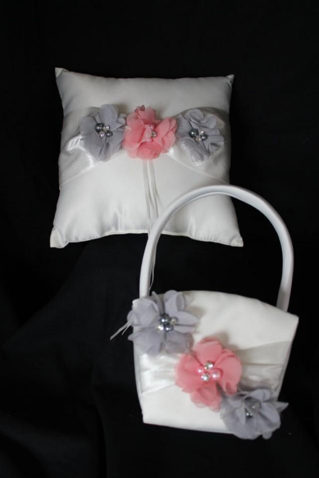 Ivory Ring Bearer Pillow/Flower Girl Basket Gray And Lt Coral Chiffon