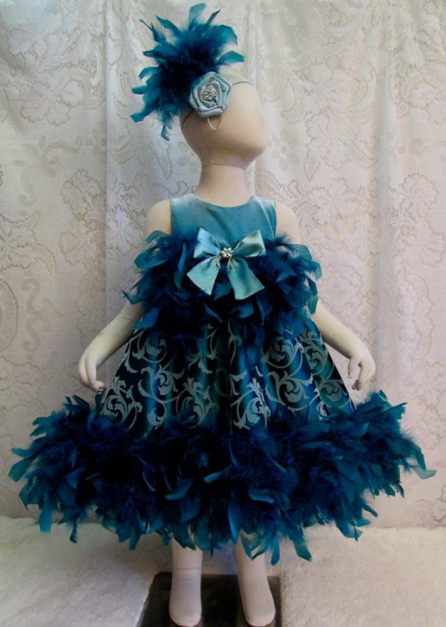 2T Teal & Seafoam Green Flocked Feather Dress With Matching Headband