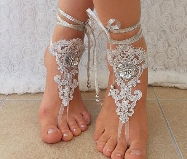 Free Ship Bridal Anklet, Silver Embrodeired, Beach Wedding Barefoot