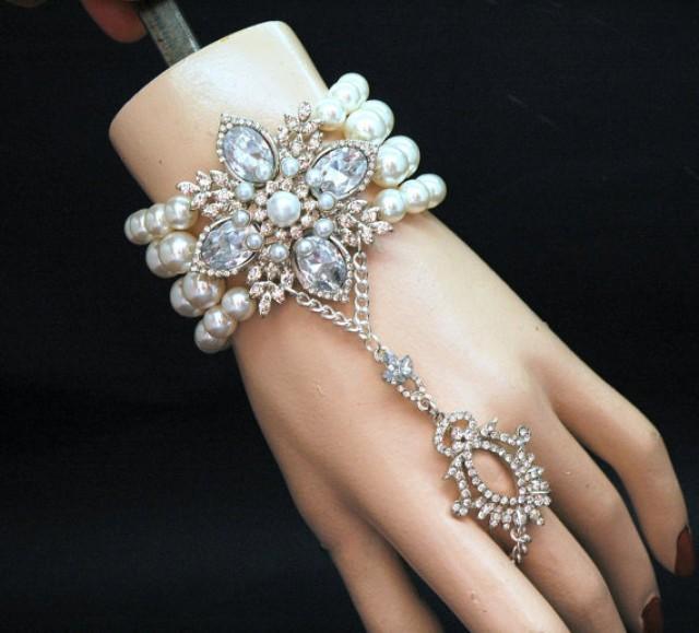 Crystal Diamante Pearl Hand Chain Slave Ring Bracelet Wedding Party Jewelry 