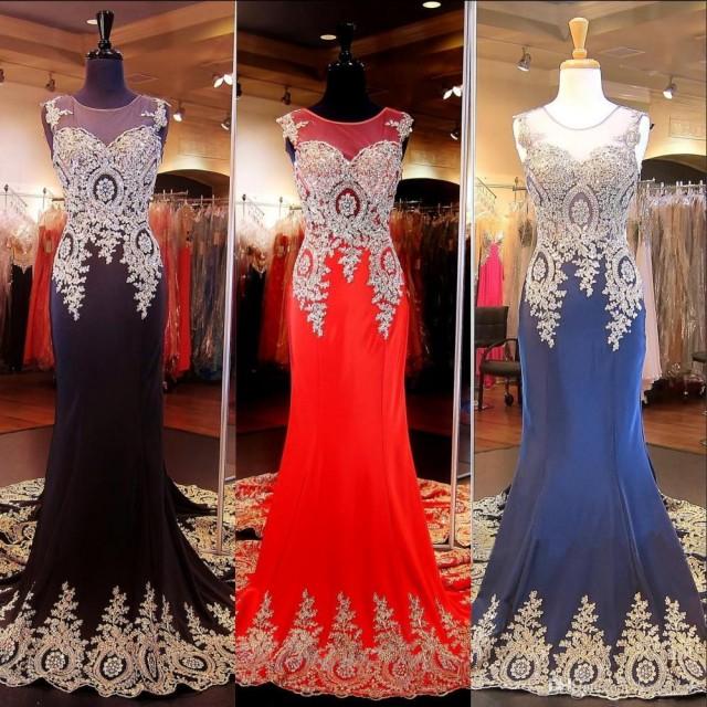 2016 Hot Selling Real Image Evening Dresses Sheer Crew Neck Appliques