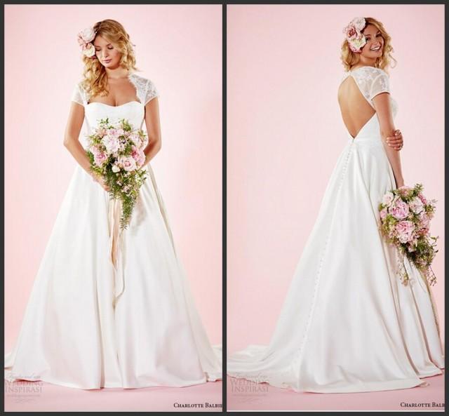 Charming Plus Size Lace 2016 Wedding Dresses Capped Sleeves Satin Cheap