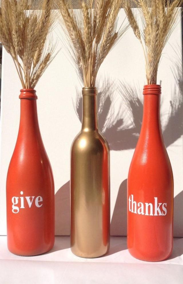 Give Thanks Painted Wine Bottles Great Fall Decor Or Thanksgiving