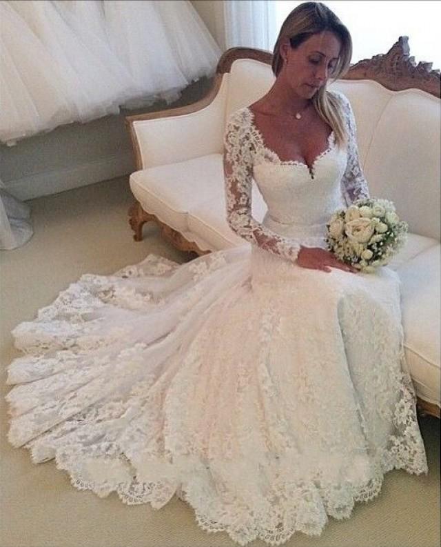 White Ivory Wedding Dresses Mermaid Long Sleeves Lace Bride Ball Gown  Custom 