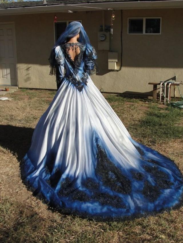 Blue And Black Metalic Wedding Gown With Matching Veil