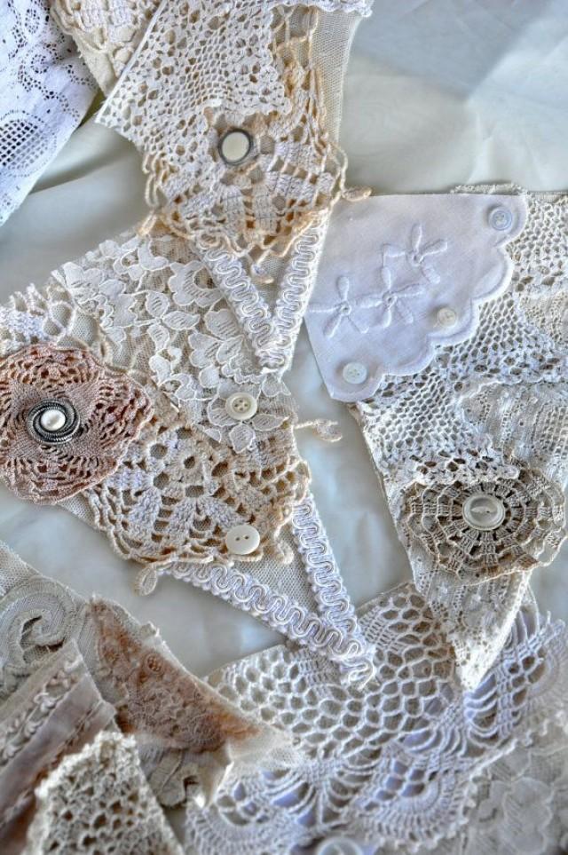 Vintage Lace And Linen Bunting 5 Flags 4ft Wide Wedding Shabby Chic