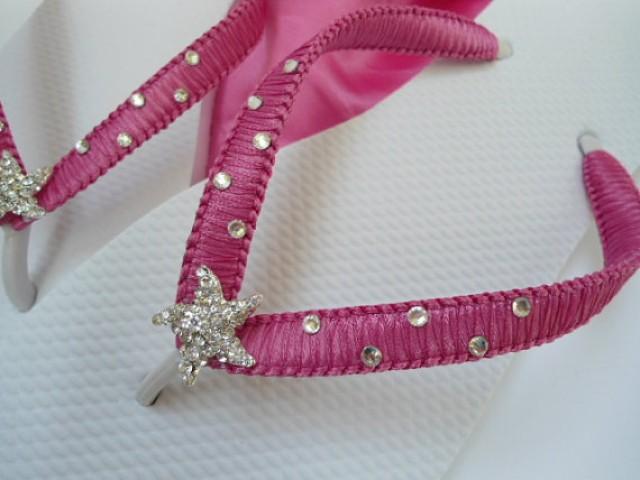 Beach Wedding Shoes, Rhinestone Flip Flops, Hot Pink Flip Flops, Pink Sandals, Fucshia Flips 