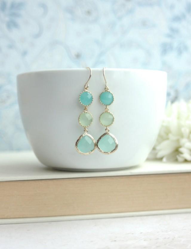Shades Of Mint Green Drop Dangle Earrings. Mint Opal, Lime Green, Light