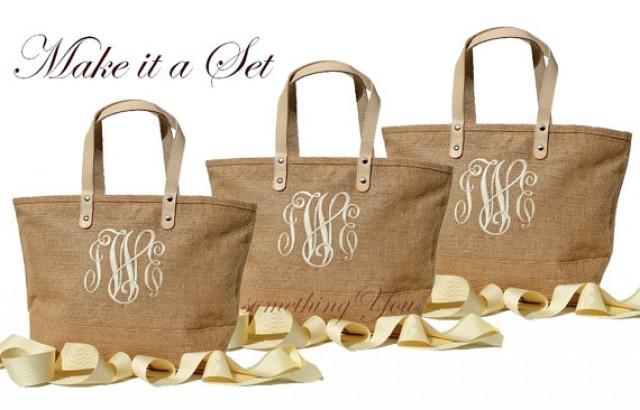 Set Of Monogrammed Natural Color Jute Bridesmaid Totes Bags