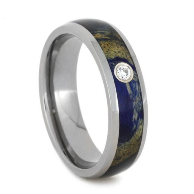 Blue Box Elder Burl Wood Ring, 14k White Gold Bezel Set Diamond Ring