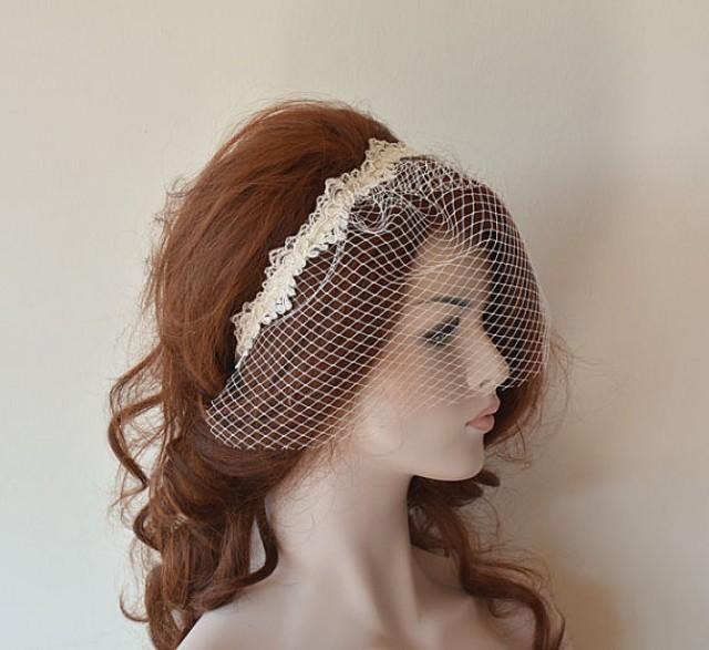 Bridal Birdcage Veil With Lace, Ivory Wedding Veil, Bridal Birdcage