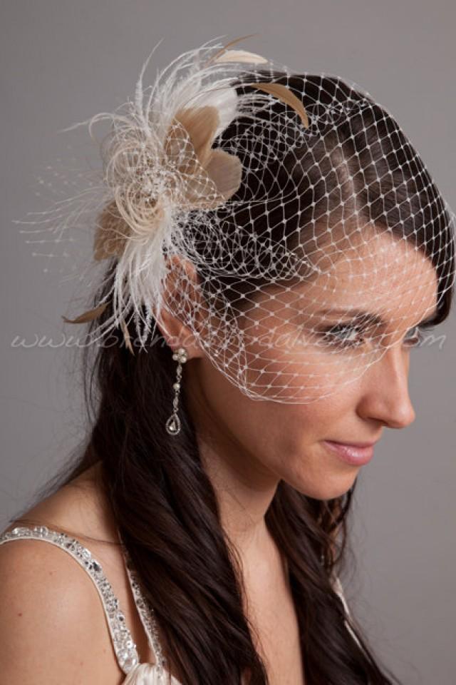 Bridal Veil Set, Ivory Wedge Birdcage Veil With Ivory And Champagne