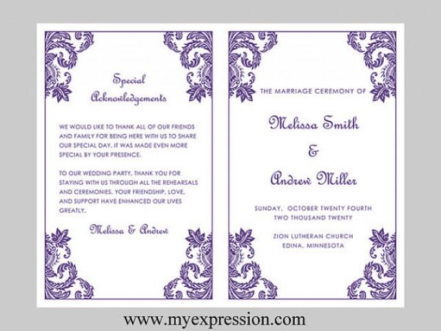 Wedding Program Template Purple Damask Ornament Instant