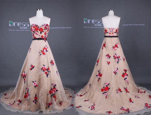 wedding dress with red flowers