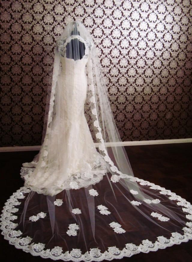 Chapel Length Lace Drop/Circle Veil Floating Lace Edge Petal Veil