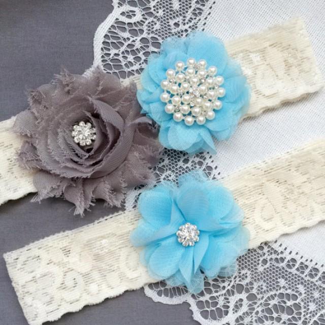 Wedding Garter Belt Set Bridal Garter Set Ivory Lace Garter Belt Light Blue Garter Set