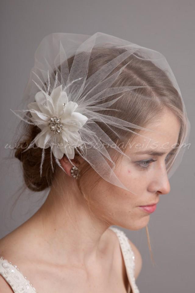 Bridal Birdcage Veil Set, Tulle Wedge Veil With Hand Cut Wild Rose