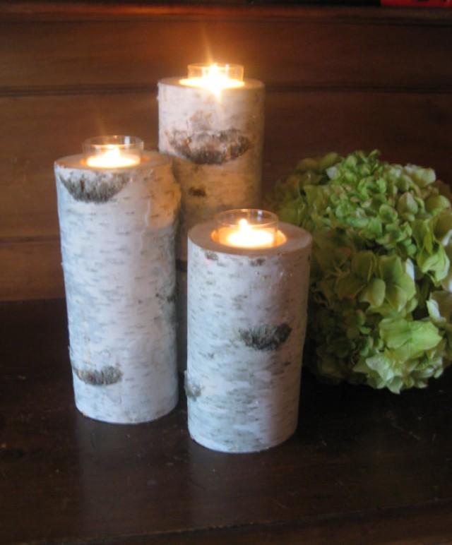Birch Bark Votive Candle Holders, 8",6",4" Wood Candle, Wedding