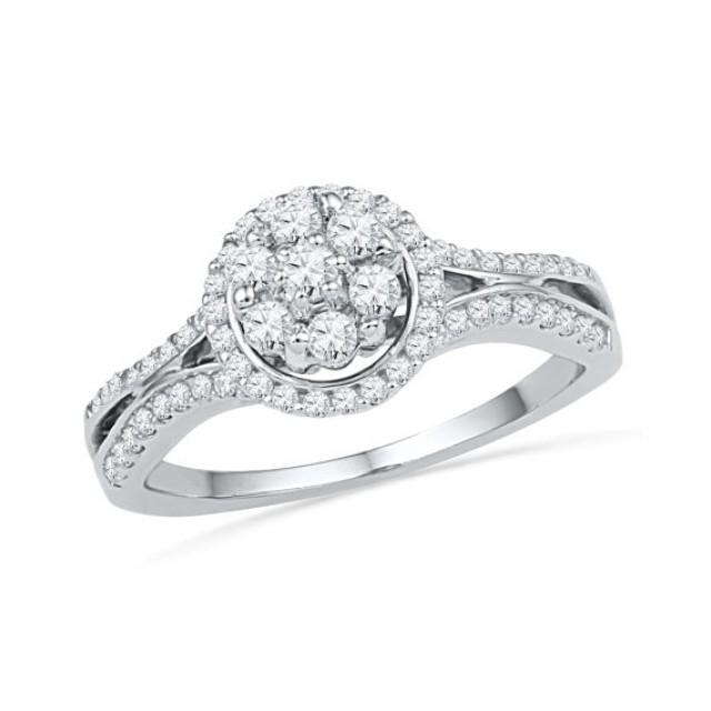 Cluster Halo Engagement Ring With 1 2 Ct. T.w., White Gold Or Sterling 