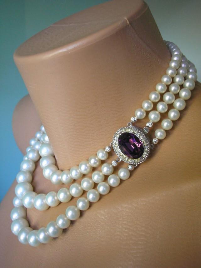 AMETHYST And Pearl Necklace, Purple Bridal Choker, Great Gatsby, Art