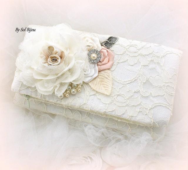 Clutch, Handbag, Purse, Bridal, Wedding, Maid Of Honor, Ivory, White, Blush, Lace, Pearls