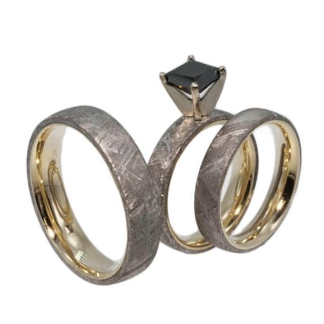 Yellow Gold Meteorite Ring Set, Black Diamond, Princess Cut Diamond