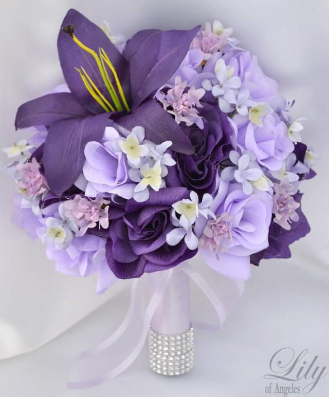 17pcs Wedding Bridal Bouquet Bride Flower Decoration Package FUCHSIA ORANGE LILY