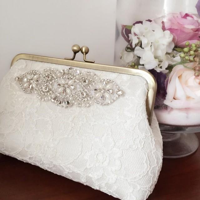 Lace Bridal Clutch, Rhinestone Applique, Wedding Clutches, Ivory Lace