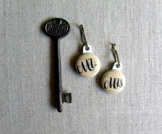 Mr And Mrs Key Chain Charms, Set Of Two His And Hers Calligraphy Key