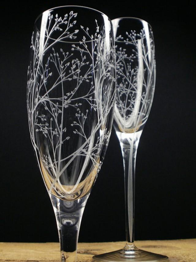 Fall Wedding Flutes 'Branches And Leaves' 2 Hand Engraved Champagne