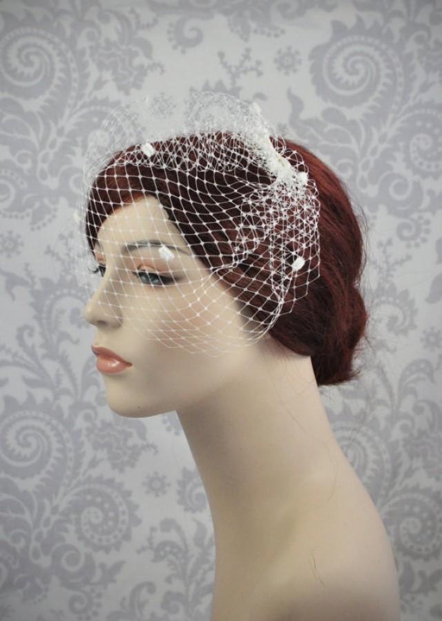 Birdcage Veil With Chenille Dots And Bow - Small Veil In Ivory,white 