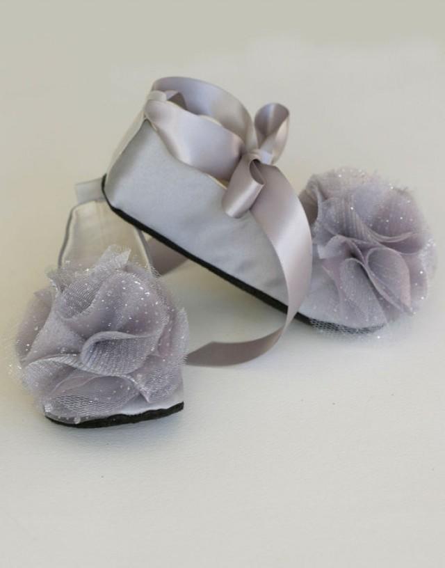 Grey Satin Toddler Shoe Silver Flower Girl Baby Ballet Slipper 23