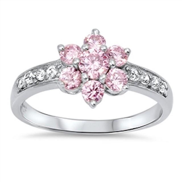 Cluster 925 Sterling Silver Flower Ring 1.50 Carat Rose Pink Topaz Round Russian Ice Diamond CZ