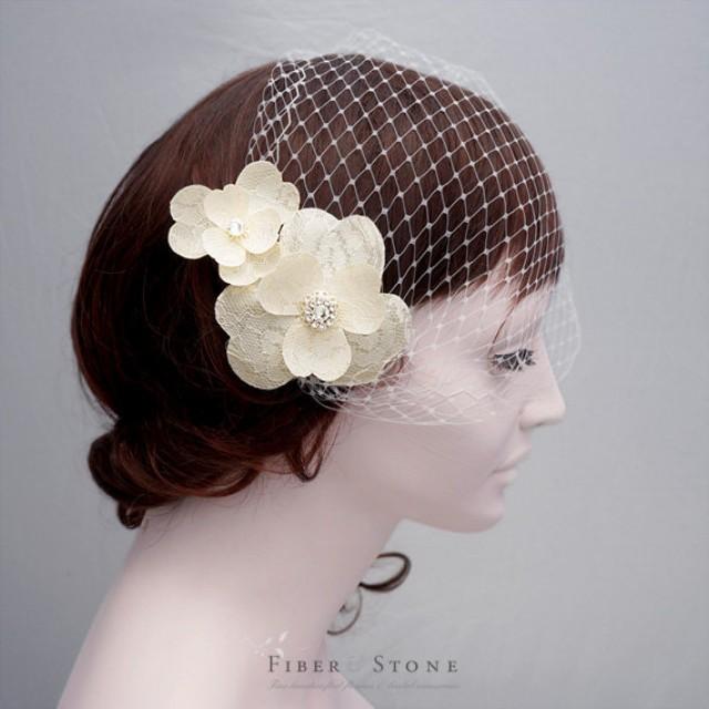 Bridal Veil, Birdcage Veil With Swarovski Flower Head Piece, Flower