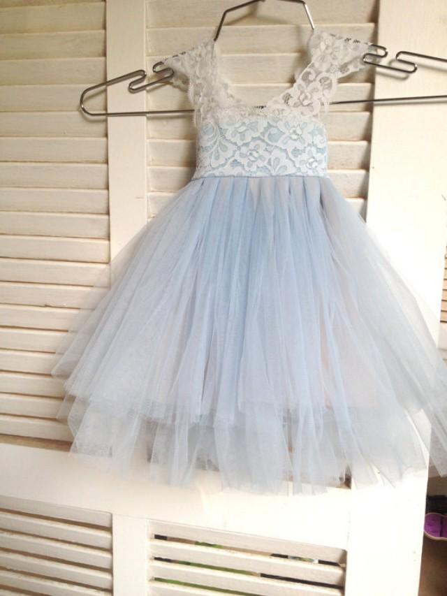 Magic Orchid Light Blue Flower Girl Dress French Lace And Tulle Dress