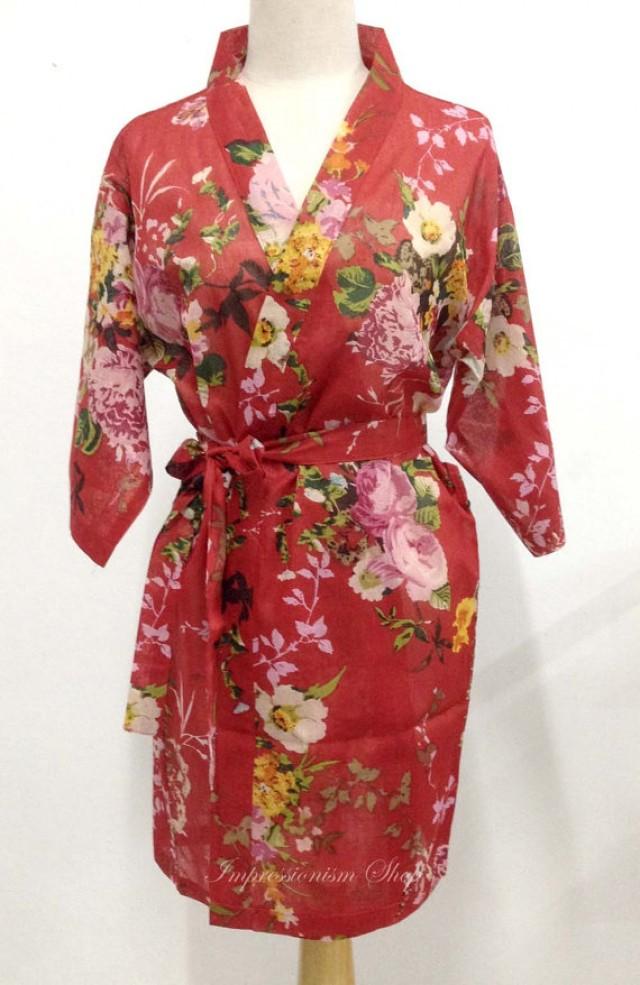 Red Spain Floral Patterned Robe Kimono Style Getting Ready Robe Wedding