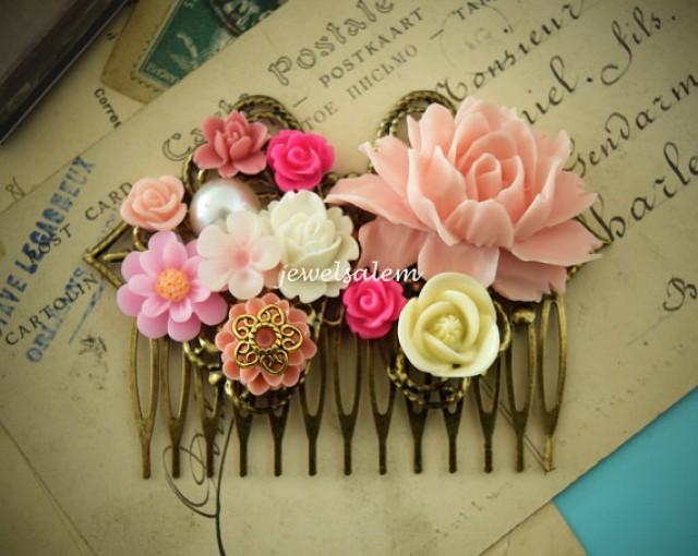 Pink Wedding Hair Comb For Bride Bridesmaid Shabby Chic Bridal